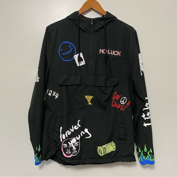 Rue 21 No Luck Forever Young Graphic Hoodie Anorak Windbreaker Jacket Mens Small - Picture 15 of 17